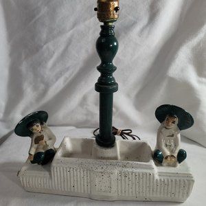 Vintage MCM Leviton Table Lamp Green White Porcelain Asian 2 Figures with Hats